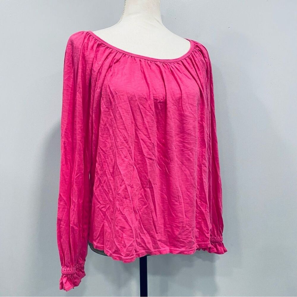 SUNDRY S Gathered Scoop Neck Top Pima Cotton Peasant Ruffle Hot Pink Barbiecore